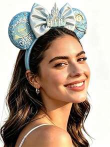 Disney 2入米奇老鼠耳朵髮箍，生日裝扮髮箍，女性成人藍色亮片老鼠耳朵髮箍附城堡蝴蝶結，適合樂園佩戴 - Q - 查看 1