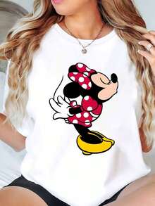 Minnie Mouse Character Print Disney Women T Shirt Round Neck Short Sleeve Casual Daily Wear Summer Holiday Soft Comfortable 220g - 白色 - 查看 1
