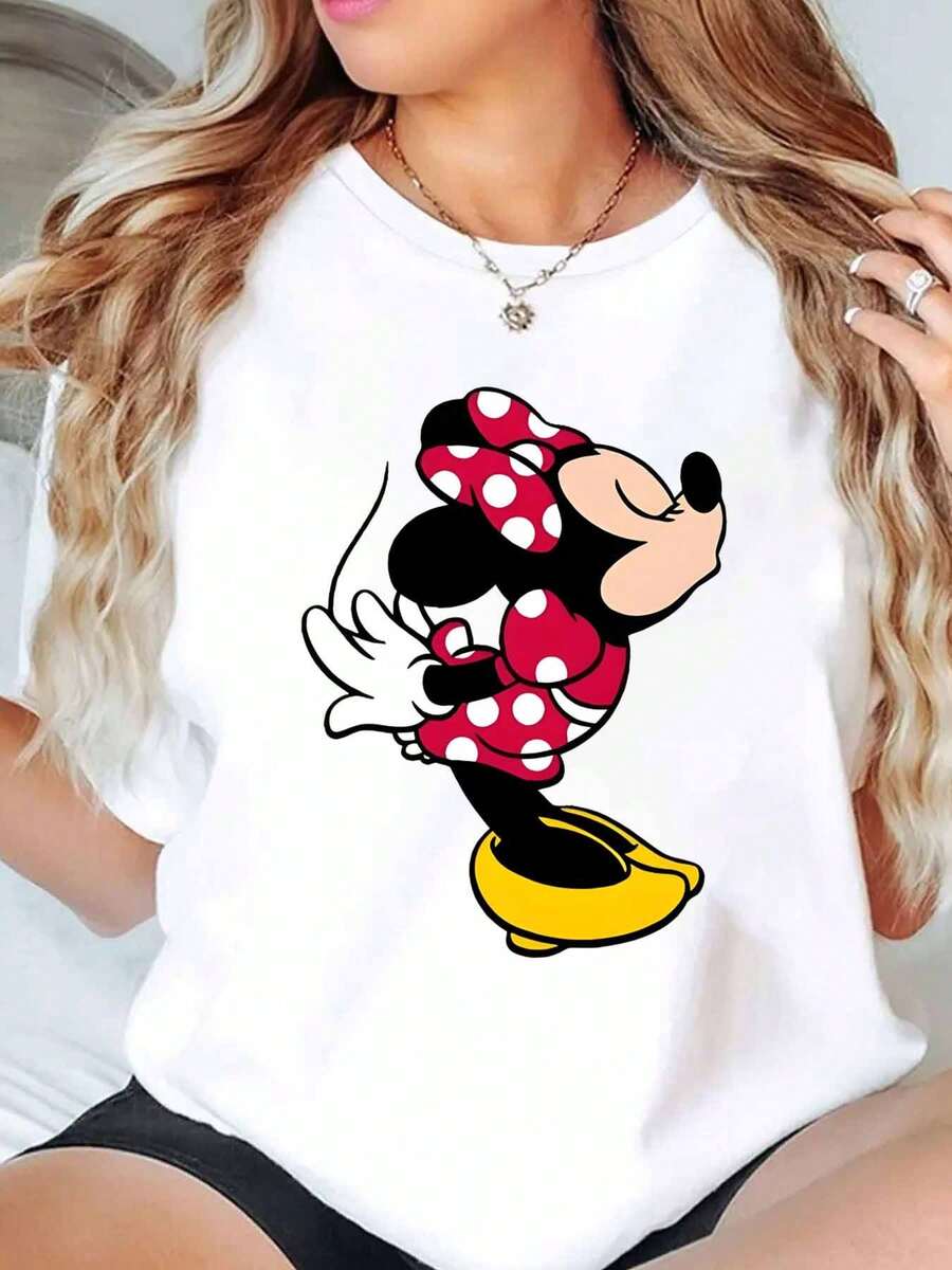 Minnie Mouse Character Print Disney Women T Shirt Round Neck Short Sleeve Casual Daily Wear Summer Holiday Soft Comfortable 220g - 白色 - 查看 1