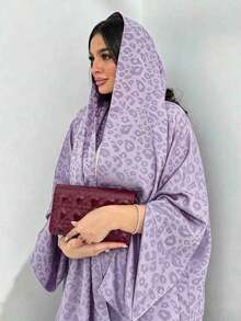 2pcs Set, Fashionable Minimalist, One Size, Matte Black Leopard Print, Women's Solid Color Middle Eastern Long Dress Set, Including Scarf, Elegant Open Front Robe - Mauve Purple - View 2