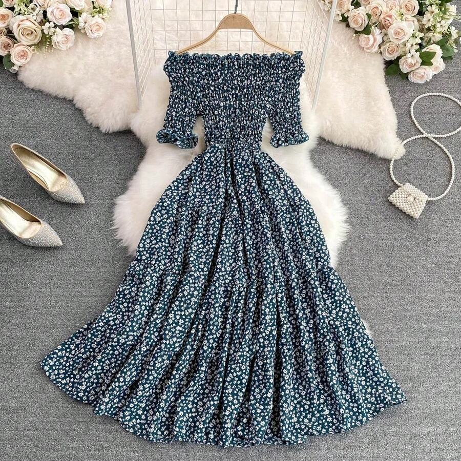 Vestido de Gasa con Estampado Floral para Vacaciones en la Playa, de un Hombro, Cintura Alta, Falda Línea A, Vestido Mid... - Azul Marino - Ver 1
