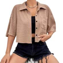 Nueva camisa de mujer con botones y bolsillos de color sólido, estilo corto con mangas medianas. - Blanco - Ver 4