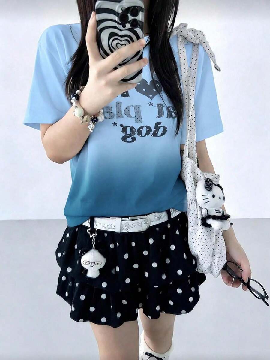 [ Gradient Two Color Short Sleeve T-Shirt ] Recommended New Casual And Versatile 100% Cotton T-Shirt For Summer 2026 Women's Fashion T-Shirt Short Sleeve Office Casual 250g Cotton Printed Loose White Top Y2k Women's Top Summer Top - Gradient Blue - View 1