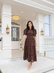 Women's Elegant Floral Embroidered Lace Midi Dress, 100% Cotton, With Puff Sleeves, Front Buttons And Full Skirt - Romantic And Sophisticated Look, Summer 2025 - 鏽棕色 - 查看 1