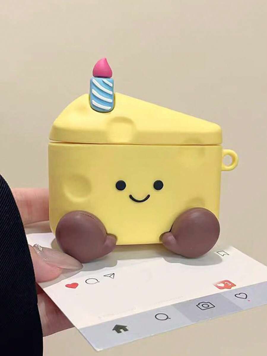 1pc Cute 3D Cheese Cake Silicone Headphone Case, Compatible With AirPod1/2/3/4/Pro, Shockproof Protective Cover With Keychain - Yellow - View 1