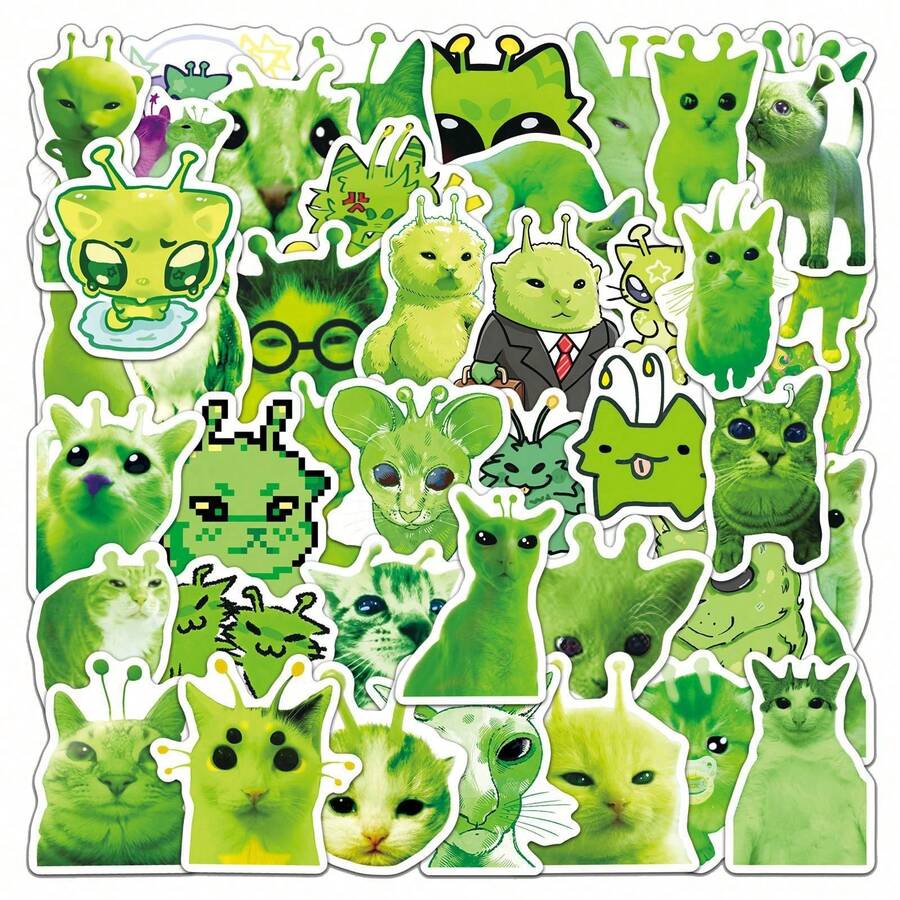 50Pcs Alien Cat Stickers, Funny Green Exotic Kitten Vinyl Decals, Waterproof Meme Creature Art, Perfect For Journals, Laptops, Water Bottles, Scrapbooks - 7*6*1 - View 1