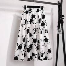 Falda de cintura alta con vuelo en A, talla grande, a la moda, de longitud midi, que disimula la cadera, para mujer, con esta... - BLANCO - Ver 4