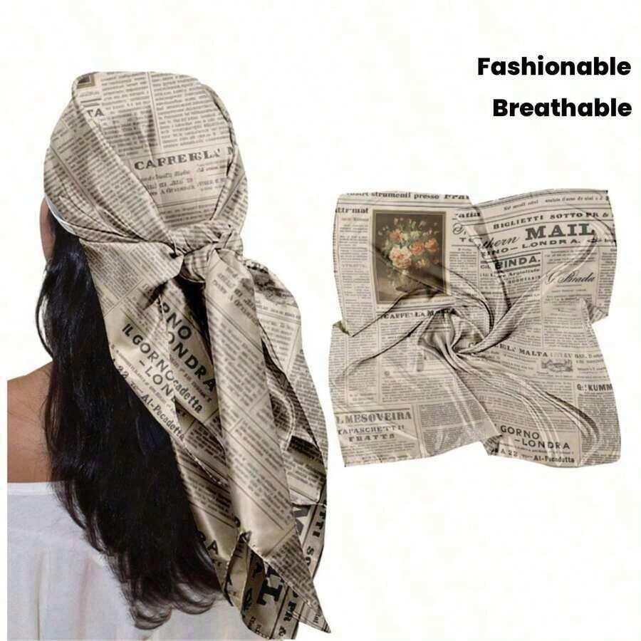 1pcs Square Scarf 35inch Retro Newspaper Print Headscarf Women Casual Fashion Headscarf Square Scarfs - 彩色 - 查看 1