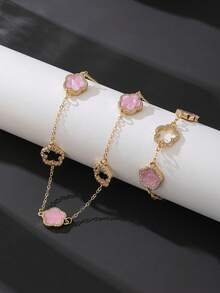 1 Set Delicate Elegant Hollow Sparkling Sweet Pink Clover Girl Bracelet & Necklace Jewelry Set - Pink - View 1
