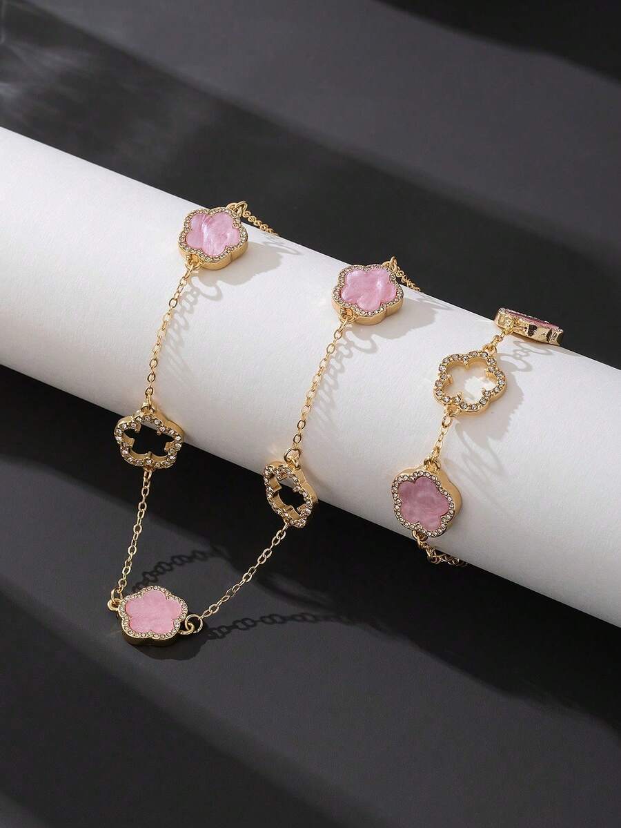 1 Set Delicate Elegant Hollow Sparkling Sweet Pink Clover Girl Bracelet & Necklace Jewelry Set - Pink - View 1