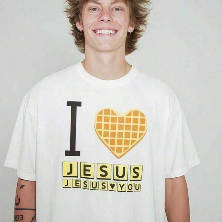 High-QualityI Love Jesus Jesus Love You Waffle Shirt, Bryce Crawford Merch, Christian Apparel Graphic Tee, Funny Christian Breakfast T-Shirt, Unisex Casual 25 Inspirational Quote TShirt, Viral Unisex Rock100Cotton - 白色 - 查看 1
