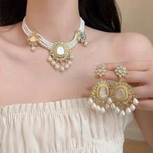 3PCS New Heavy Craft High-End Flower Tassel Earrings Fashion Multi-Layer Beaded Collarbone Chain Women's Exquisite Jewelry Set - 10-2308 White Suit - View 1