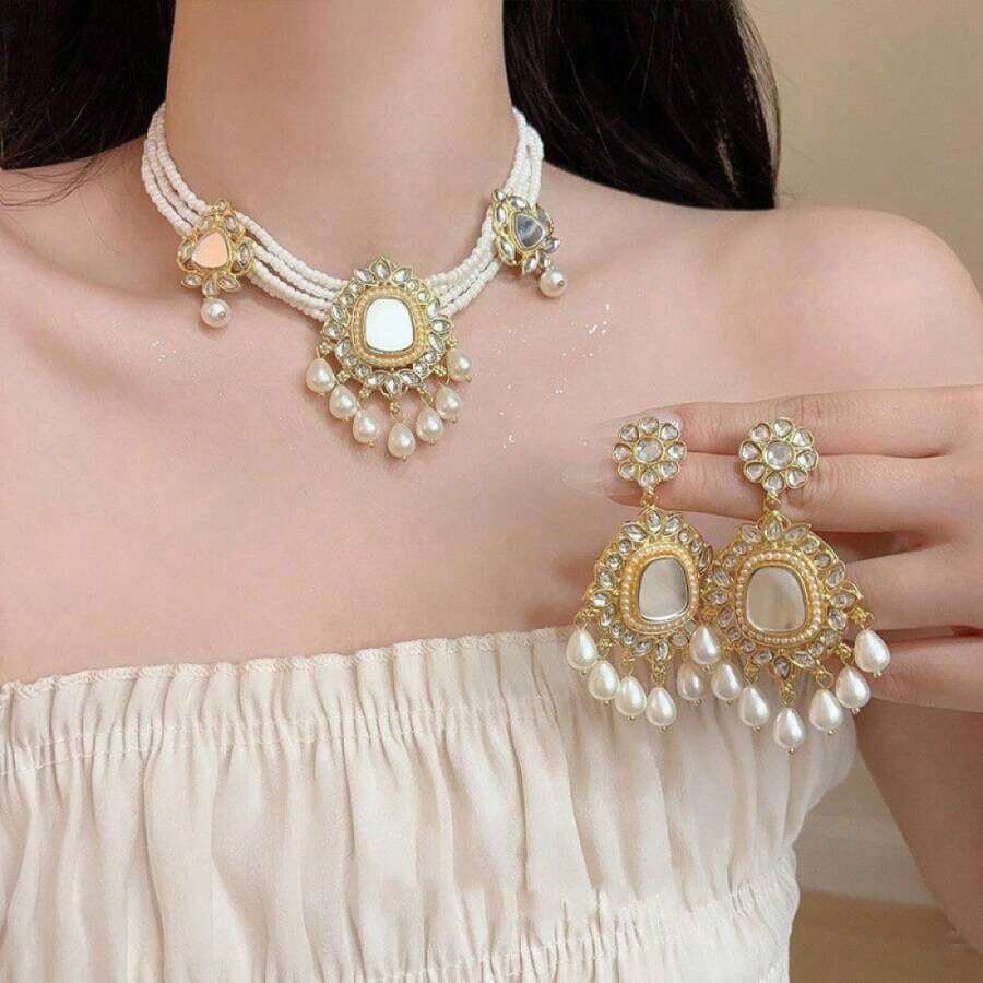 3PCS New Heavy Craft High-End Flower Tassel Earrings Fashion Multi-Layer Beaded Collarbone Chain Women's Exquisite Jewelry Set - 10-2308 White Suit - View 1