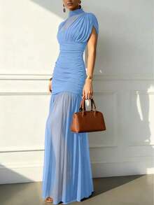 Vestido elegante y sexy de unicolor con volantes de malla, dobladillo plisado, adecuado para la playa, citas nocturnas, bodas, fiestas de cumpleaños, primavera/verano - Celeste - Ver 3