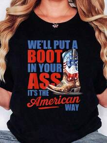 Unisex We'll Put A Boot In Your , Gift For Country Music Lovers, Courtesy Of The Red, White And Blue, Western Cowgirl USA Flag 4th Of July Shirt Oversized Clic Heavy Cotton Women's T-Shirt Casual Summer Topsummer Tops Beach Outfit For Womensummer Outfit For Womenfestival Outfit - Black - View 10