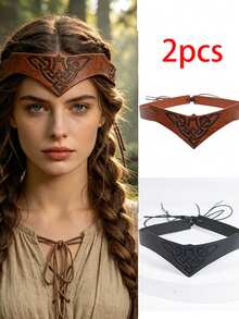 2pcs Medieval Celtic Pattern PU Leather Headbands, Viking Style Triangle Forehead Bands, Retro Cosplay Hair Accessories - A - View 6