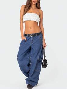 Women Cropped Tube Tops Sleeveless Off Shoulder Strapless Tiered Ruffle Trim Bandeau - White - View 4