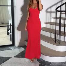 Women's Solid Color Casual Minimalist Party Halter Neck Dress - Red - View 2