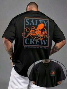 Camiseta de manga corta para hombre Salty Crew con estampado de pulpo azul y naranja, estilo casual para festivales de verano, transpirable y lavable. - Negro - Ver 7