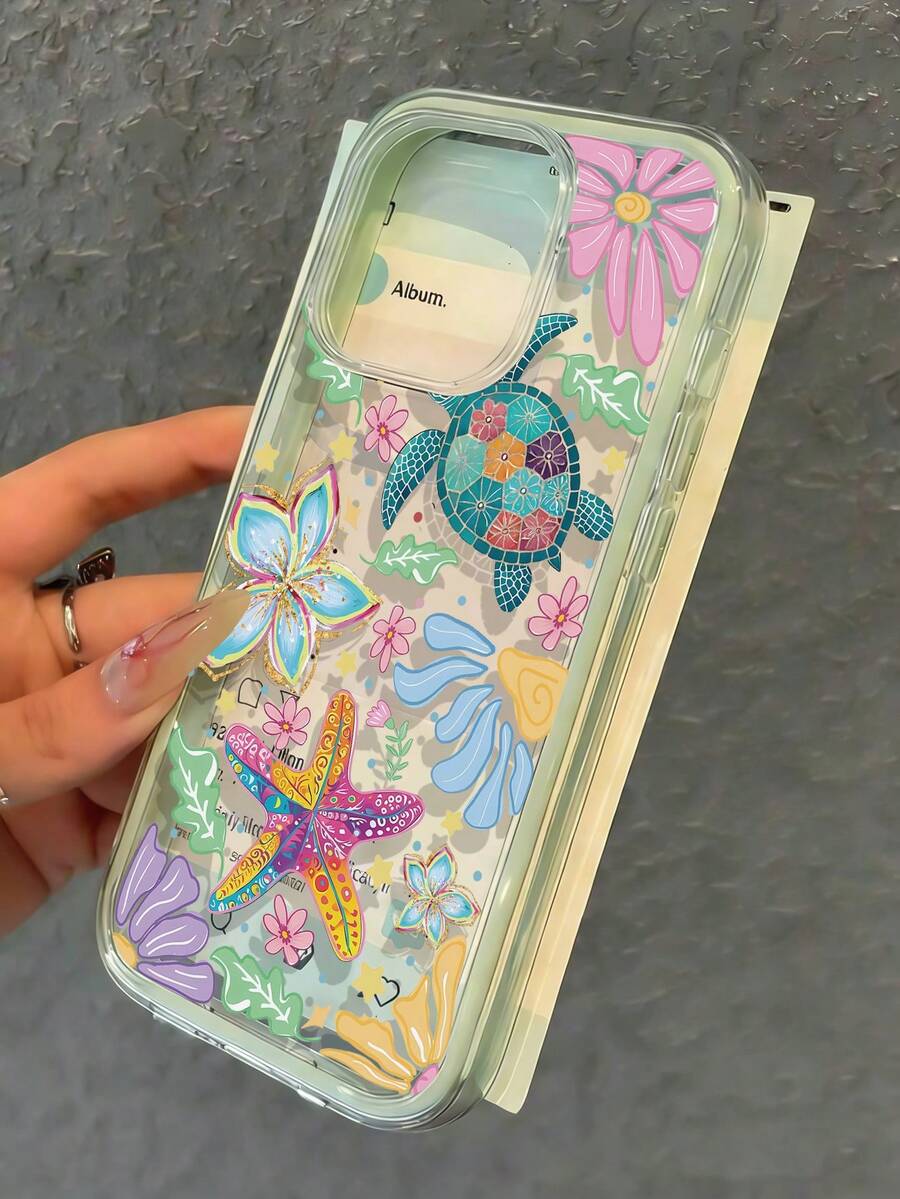 1pc Contrast Color Turtle & Starfish Pattern Phone Case Compatible With 17/17Pro/17ProMax, 16/16Pro/16ProMax, 15/15Pro/15ProMax, 14/14Pro/14ProMax, 13/13Pro/13ProMax, 12, 11, Coastal Style - Multicolor - View 1