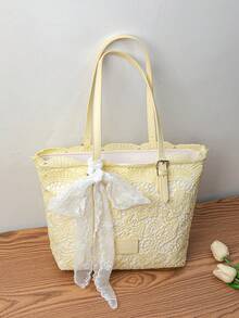 Bolso tote de encaje calado gran capacidad asa de piel regulable lazo de encaje desmontable varios colores mujer diario playa viaje vacaciones regalo - Amarillo - Ver 7
