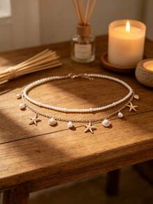 2 Pcs Boho Style Seashell, Starfish & Pearl Decor Waist Chain For Women - Yellow Gold 2 - View 4