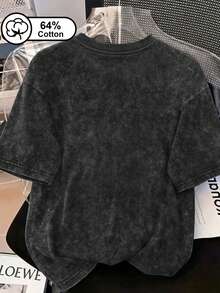 Plus Size Women's Fashion & Casual T-Shirt Cute Cat Print Tee With Vintage Washed Crew Neck, Ideal For Daily Wear And Commuting Summer Top Black - Black - View 2
