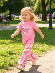 年輕女孩2件套裝休閒風格蝴蝶和動物圖案短袖針織T恤搭配喇叭褲，適用於春夏季節 - 粉色 - 查看 1
