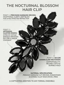 1pc Black/Silver Tone Cubic Zirconia Leaf Hair Clip, Sparkling Rhinestone Barrettes For Party & Evening - Multicolor - View 3