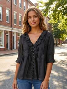 Women's Summer Ruffle Shirts Fashionable Solid Color V Neck Short Sleeve Frog Button Tops - Black - View 2