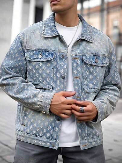 Men's Long Sleeve Retro Streetwear Fashion American Style Floral Print Denim Jacket, & Niche, Emo Style, For Fall
