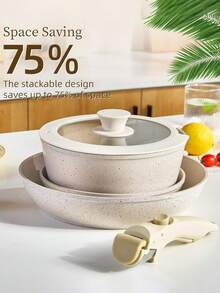 16‑Piece Ceramic‑Coated Cookware Set with Detachable Handles, Ready‑to‑Use Kitchen Cookware, Heat Resistant up to 480°F (About 250°C), Compatible with Induction Cooktops and Multiple Stovetops, Fast & Even Heat Distribution, Space‑Saving Design, Includes Frying Pans, Bowls, Kitchen Utensils, Lids and Pot Mats, Non‑Disposable Products - Übersicht 6