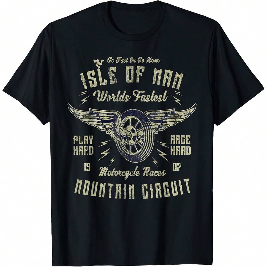 Isle Of Man Motorcycle Racing Winged Wheel Vintage Manx Bike T-Shirt - Black - View 1