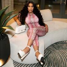 Snake Skin Print Round Neck Backless Elastic Bodycon Jumpsuit, Spring/Summer Pink - Pink - View 3
