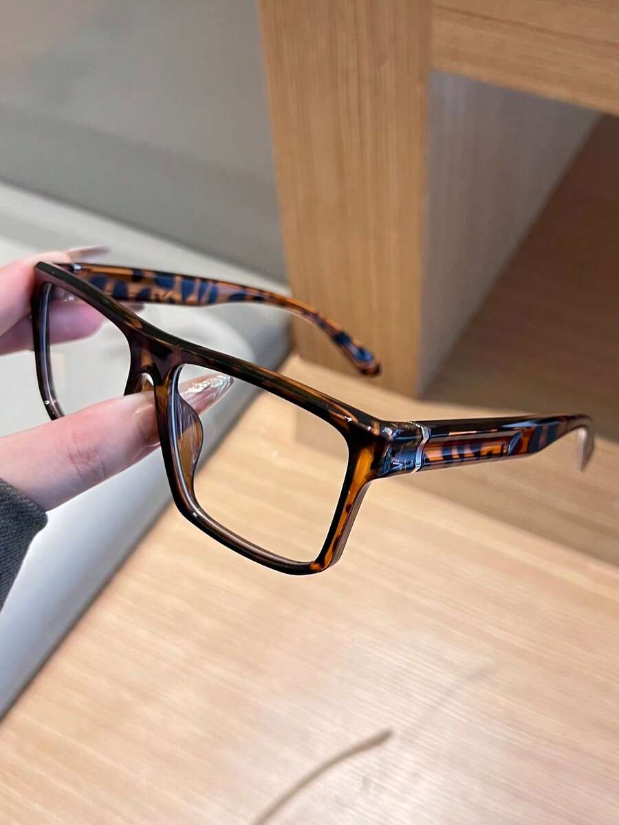 1件復古粗框正方形雙橋眼鏡 玳瑁色輕量透明鏡片 時尚中性款 日常辦公配戴眼鏡
