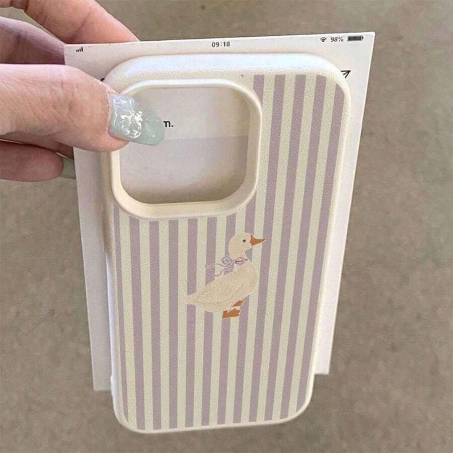 Purple Striped Duck Pattern Anti-Drop Litchi Texture Phone Protective Case - Antique White - View 1