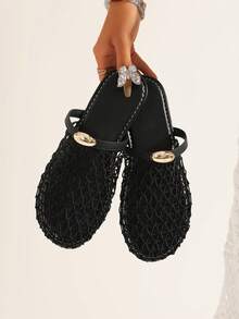Wide Fit Women's Fashion European And American New Arrival Backstrap Fishnet Flat Sandals, Hollow-Out Comfortable Beach Slides - Black - View 4