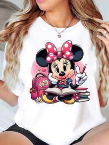 Minnie Mouse Reading Books With Backpack And Flowers Print Disney Women T Shirt Round Neck Short Sleeve Casual Daily Wear For School And Holidays Soft Comfortable 220g - trắng - Xem 1