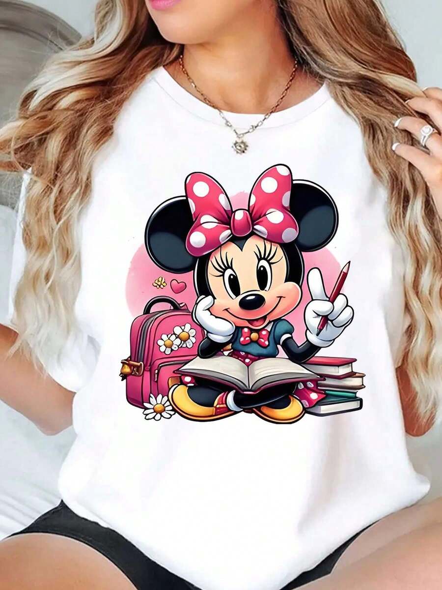 Minnie Mouse Reading Books With Backpack And Flowers Print Disney Women T Shirt Round Neck Short Sleeve Casual Daily Wear For School And Holidays Soft Comfortable 220g - trắng - Xem 1