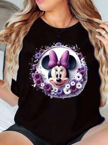 Minnie Mouse Floral Print Disney Women T Shirt Round Neck Short Sleeve Casual Summer Outfit For Everyday Wear And Holiday Gifts Soft Comfortable 220g - màu đen - Xem 1