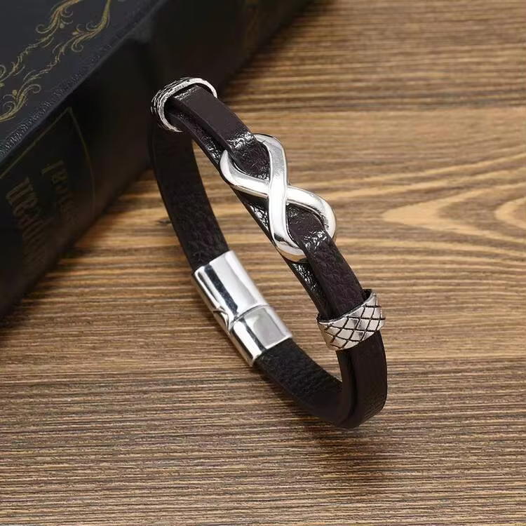 Punk 8-Shaped Lucky Leather Cord Bracelet, Charm Leather Adjustable Bracelet For Men, Fashion Accessory - Brown - View 3