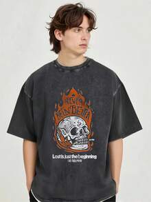 Camiseta de cuello redondo lavada con estampado de calavera y llamas negras, camiseta gráfica en excelente estado. - Negro - Ver 3