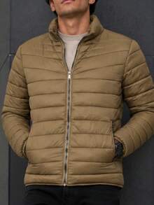 Men's HPC Polo Fleece Puffer Jacket, Warm, Casual, Basic, No Hood, Youthful And Modern Style, Ideal For Winter Or Cold Weather - Beige - View 4