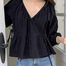 Fashion Women's Clothing  Camisa de manga larga con cinturón envolvente de unicolor, casual para primavera/verano, con volantes - Negro01 - Ver 4