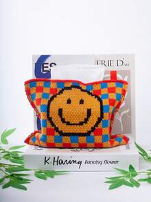 1pc Plaid Woven Tissue Box Cover, Vintage Geometric Pattern With Smiling Face Jacquard Knit, Fits Standard Tissue Boxes - Multicolor - View 6