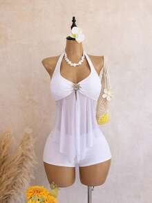 Bellisia Swim Chic Sea French Elegant Halter Neck Tankini Swimwear With Metal Decor And Mesh Splice, Vacation Style - 白色 - 查看 2