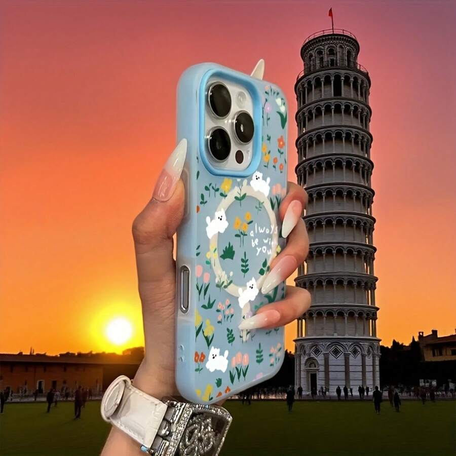 Phone Case: New Fashionable Minimalist Floral Puppy Dopamine Color Skin-Feel Jelly Dual-In-One Magnetic Wireless Charging Phone Case, Halloween, New Year Gift, Christmas Gift, Easter Gift, Halloween Gift, For Family, For Friends. Suitable For - 藍色 - 查看 1