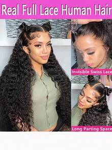 24-36 Inch Deep Wave 13x4 Lace Front Wigs Human Hair For Women Water Wave Glueless Brazilian Frontal Bob Curly Wig Hairline 220% Density Pre Plucked With Baby Hair Natural Look Ear-To-Ear Hairpiece Wig For Party, Cosplay, Daily Use - 自然色彩 - 查看 2