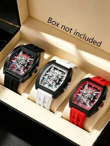 1PC Men's Multi-Color Hollow Watch, Black, White, Red Three-Color Silicone Strap, Mechanical Style, Hollow Mechanical Chronograph Function, Barrel-Shaped Hollow Colorful Dial, Men's Luxury Watch Accessory, Suitable For Summer Wear, Birthday, Valentine's Day, Father's Day Gift, Luxury Gift For Boyfriend And Son - Multicolor - View 1