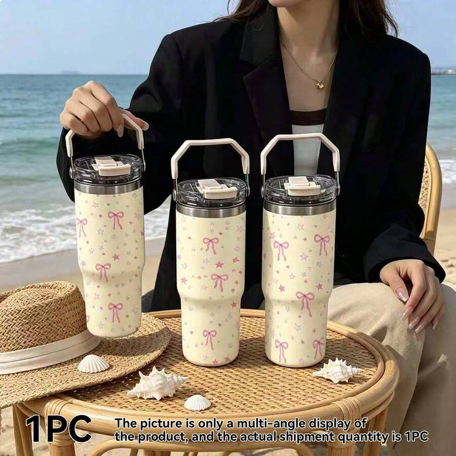 1個 900ml/33.44oz 不鏽鋼杯附手把與吸管，可愛蝴蝶結&心形設計，雙飲口保溫保冷，適用於居家、辦公室、戶外，送給朋友、生日、聖誕節的絕佳禮物